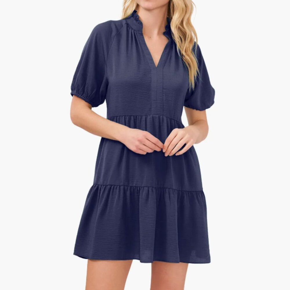 CeCe Navy Short-Sleeve Tiered V-Neck Dress Ruffle Size XL